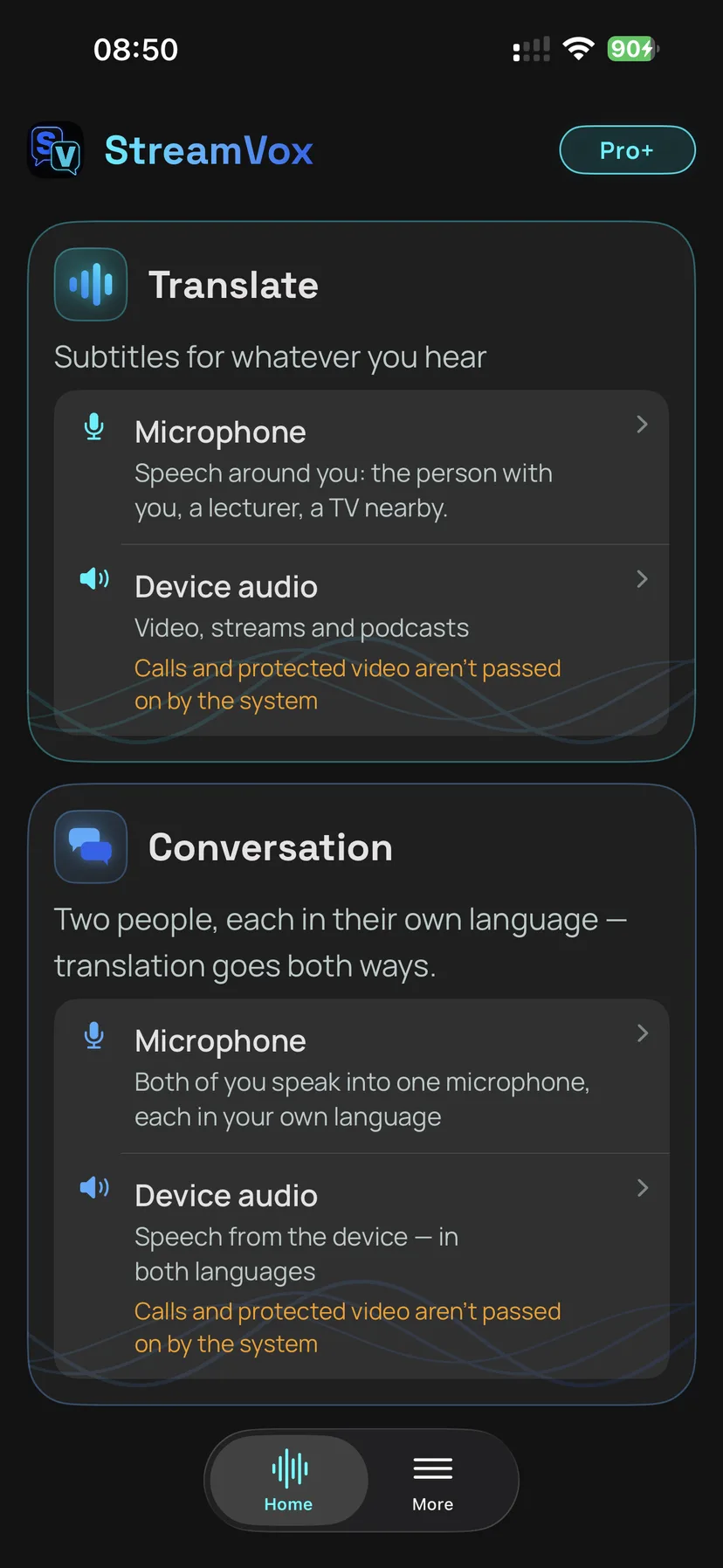 StreamVox home screen on iPhone showing the Translate and Conversation modes, each offering Microphone and Device audio as a source.