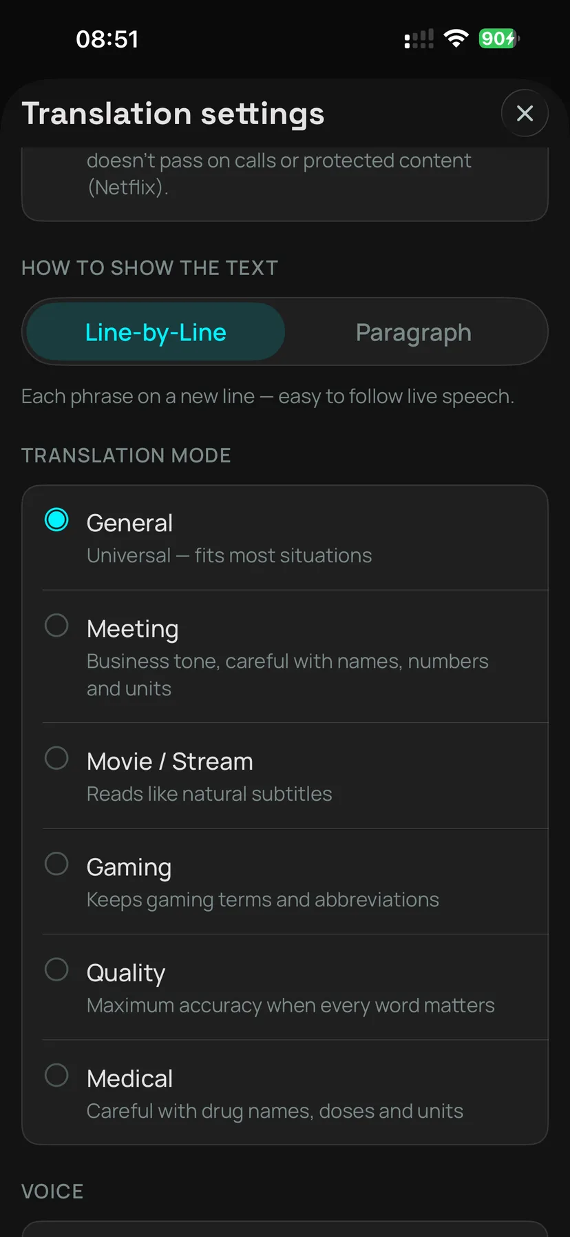 Translation settings on iPhone listing all six profiles: General, Meeting, Movie slash Stream, Gaming, Quality and Medical.