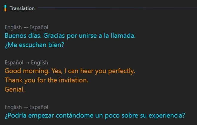 Windows版のStreamVoxが会話モードで動いており、英語からスペイン語への翻訳ブロックはシアン、スペイン語から英語への翻訳ブロックはオレンジで表示され、それぞれ方向ラベルの下にある。