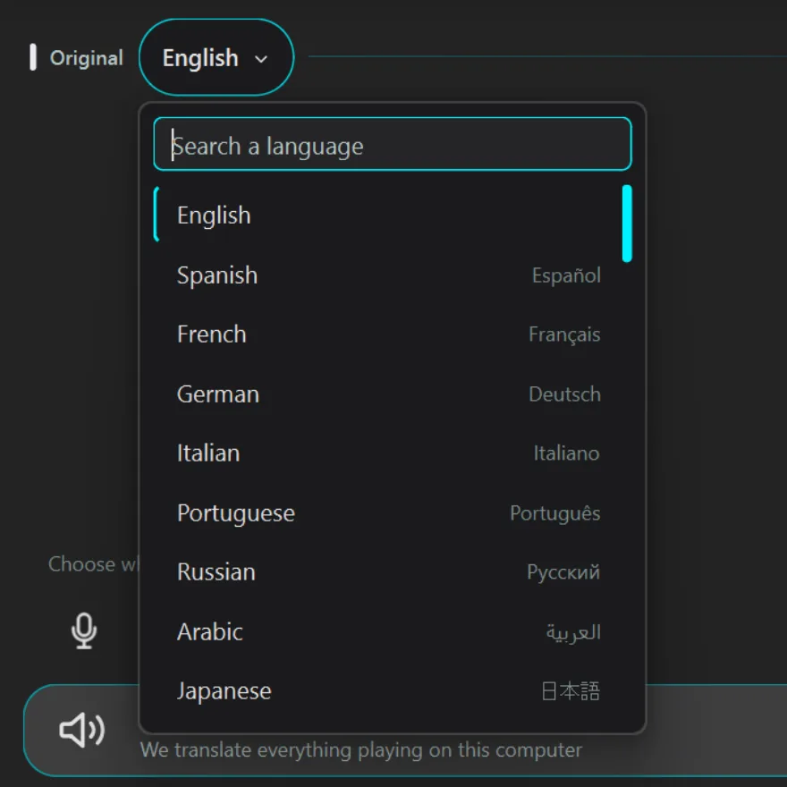 StreamVox for Windows with the Original language menu open: a search field, and below it a scrolling list of languages with Japanese in view.