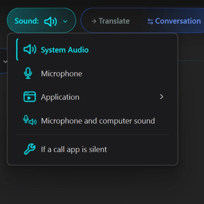 Geöffnetes Tonmenü in StreamVox für Windows: Systemaudio, Mikrofon, Anwendung, Mikrofon und Computerton sowie „Wenn eine Anruf-App stumm bleibt“.