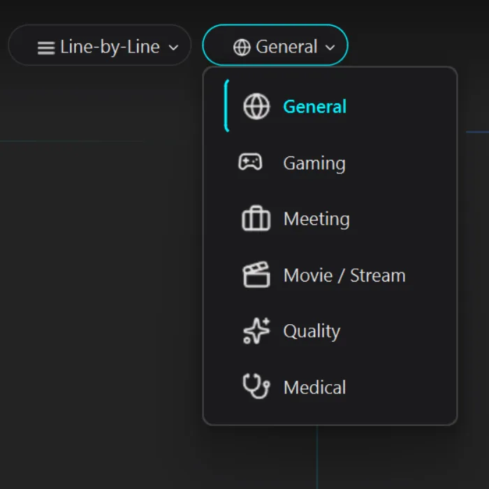 The translation mode menu open in StreamVox for Windows: General, Gaming, Meeting, Movie / Stream, Quality and Medical.