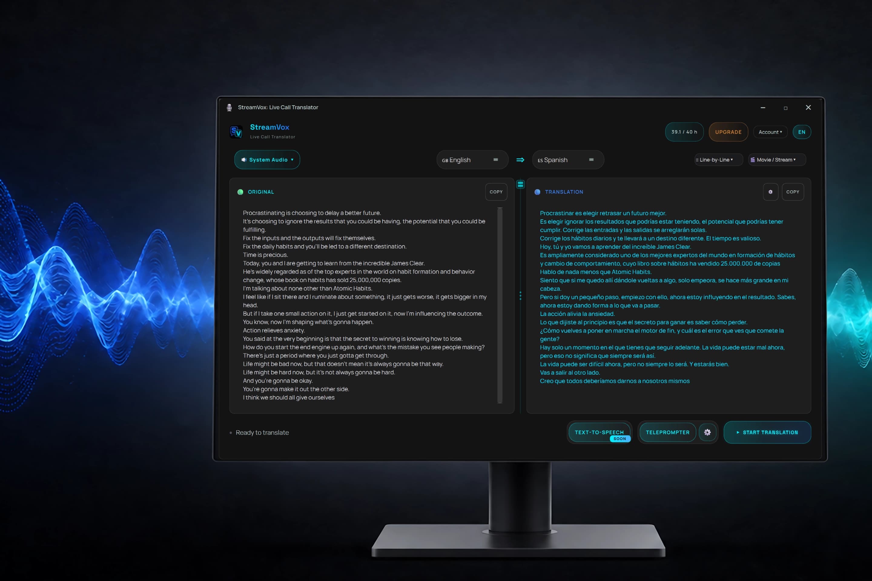 StreamVox app interface — real-time AI translation and live subtitles displayed on a desktop monitor